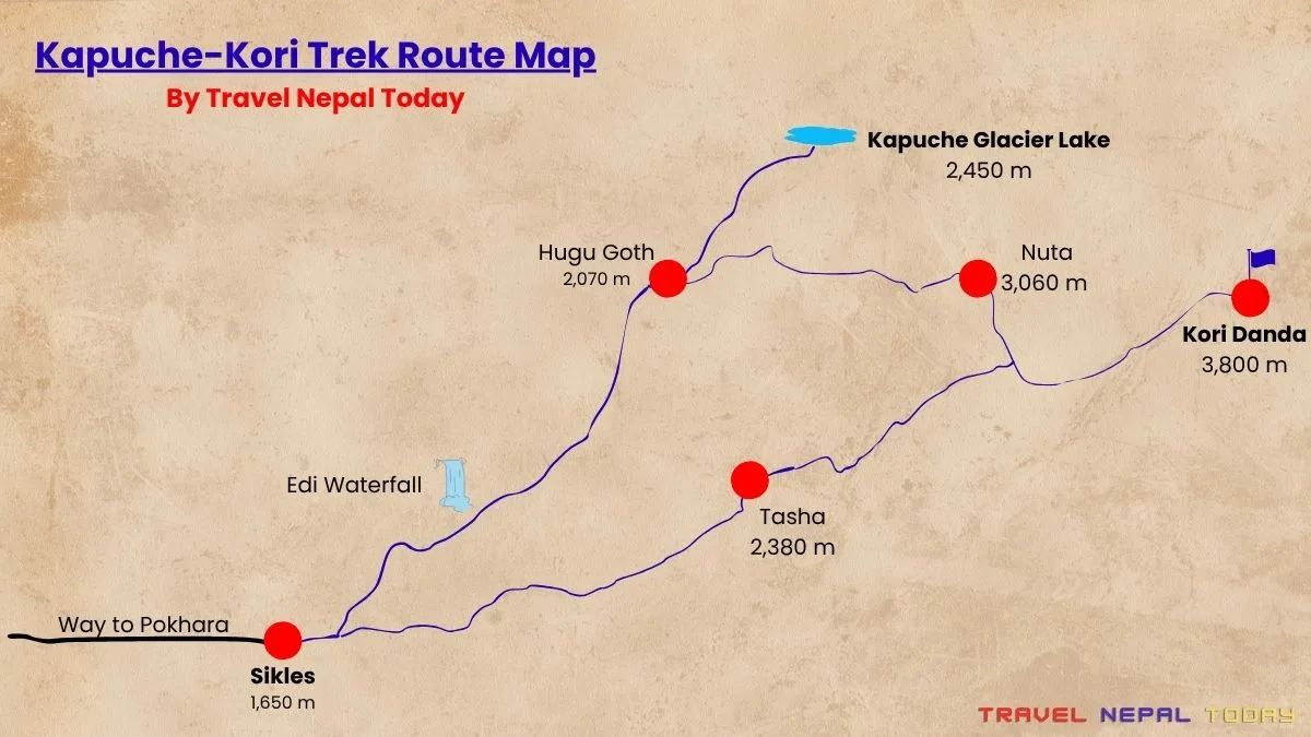 kapuche glacier lake with kori danda trek route map
